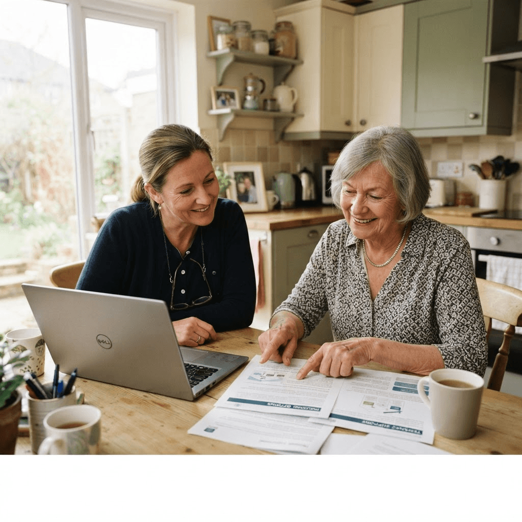 An older woman and a housing adviser reviewing printed housing information together at a kitchen table