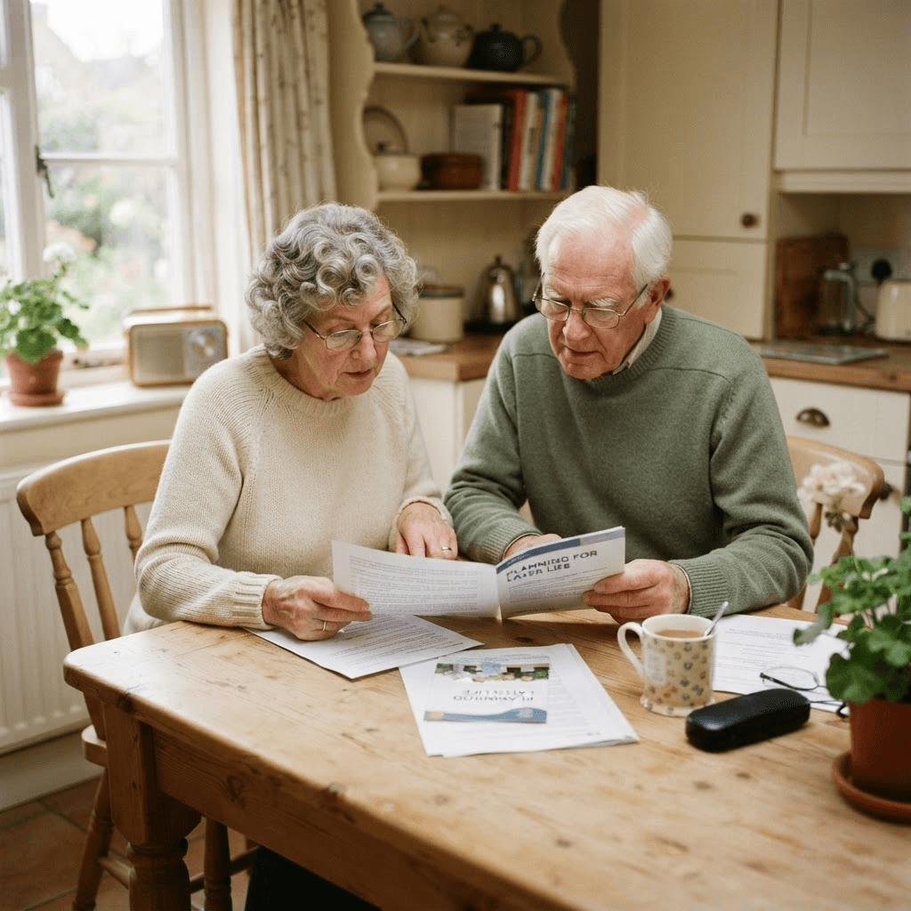 An older couple reading housing documents together at their kitchen table