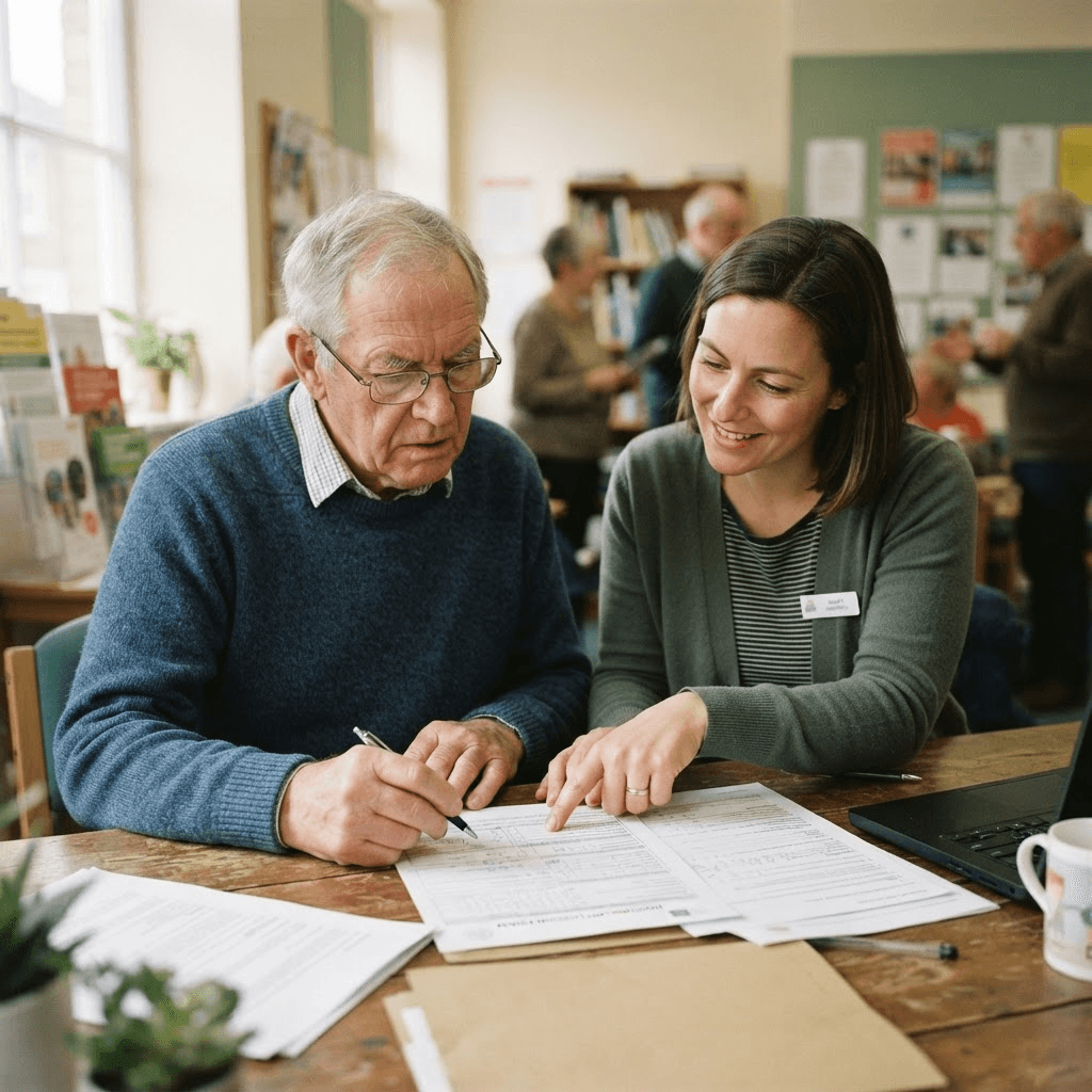 An older man and a housing adviser working through a printed housing application form together at an advice centre
