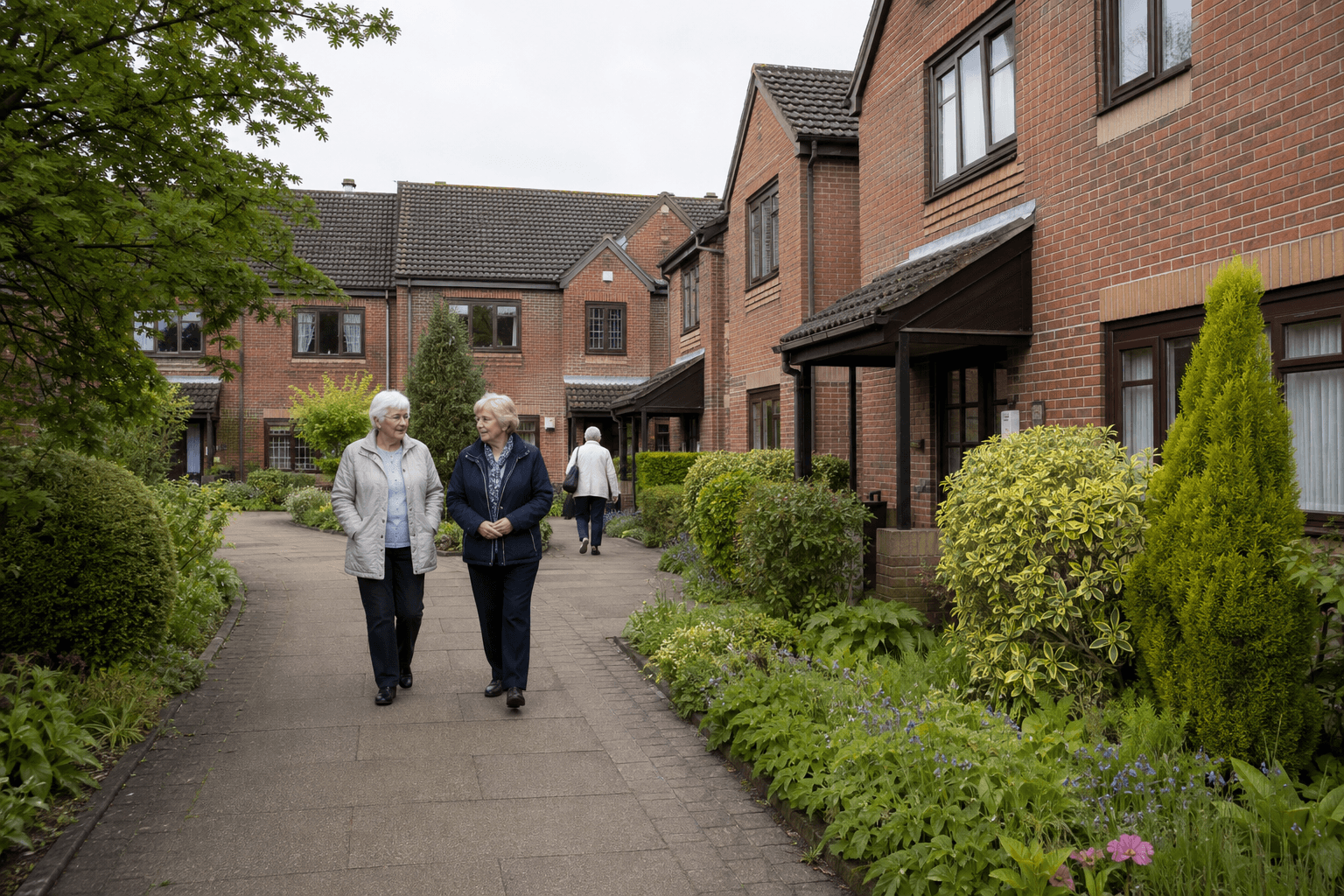 Illustrative image of older residents walking through a sheltered housing development