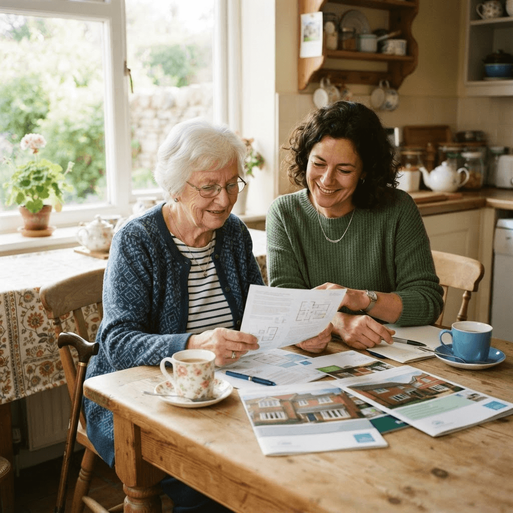 Two people reading housing information together at a kitchen table