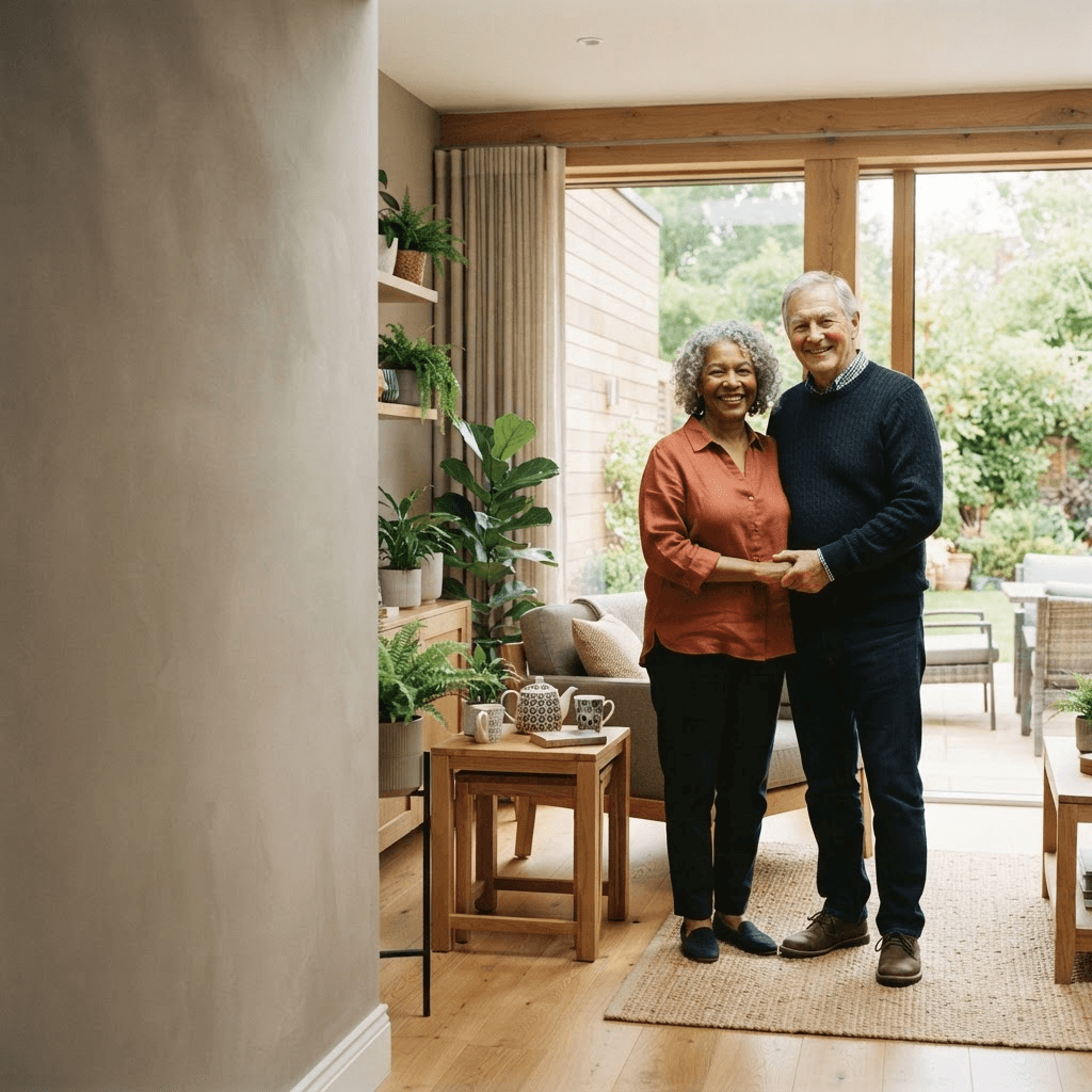 An older couple standing together in a bright, plant-filled garden room