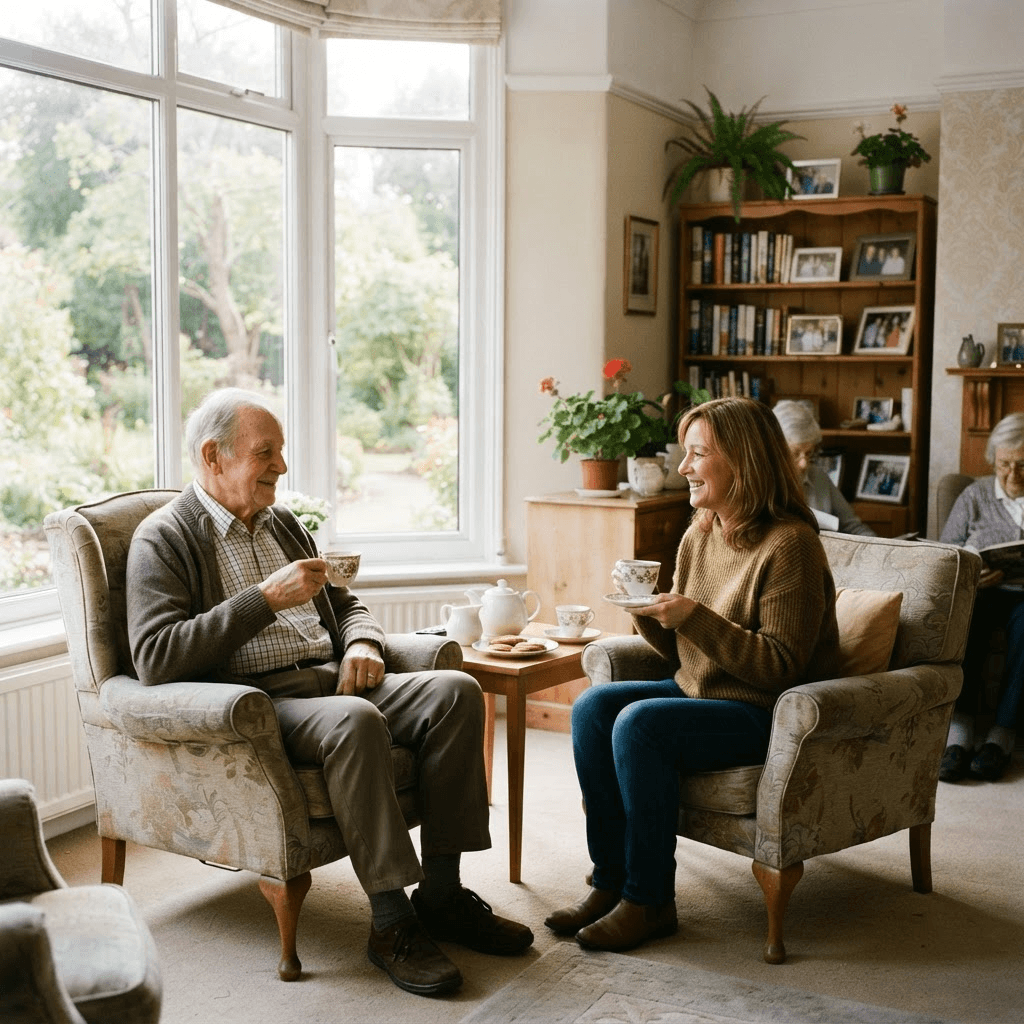 A resident and a visiting family member having tea together in a bright, homely care home lounge overlooking a garden
