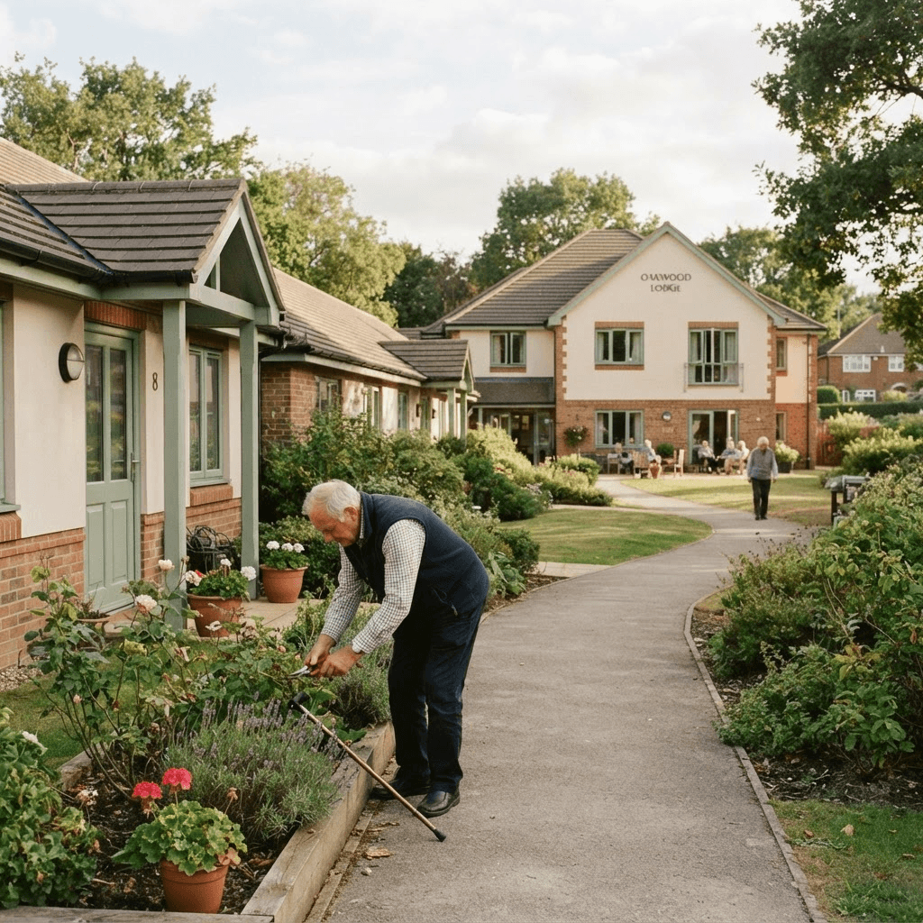 Independent bungalows on a landscaped site next to a residential care home, connected by an accessible garden path
