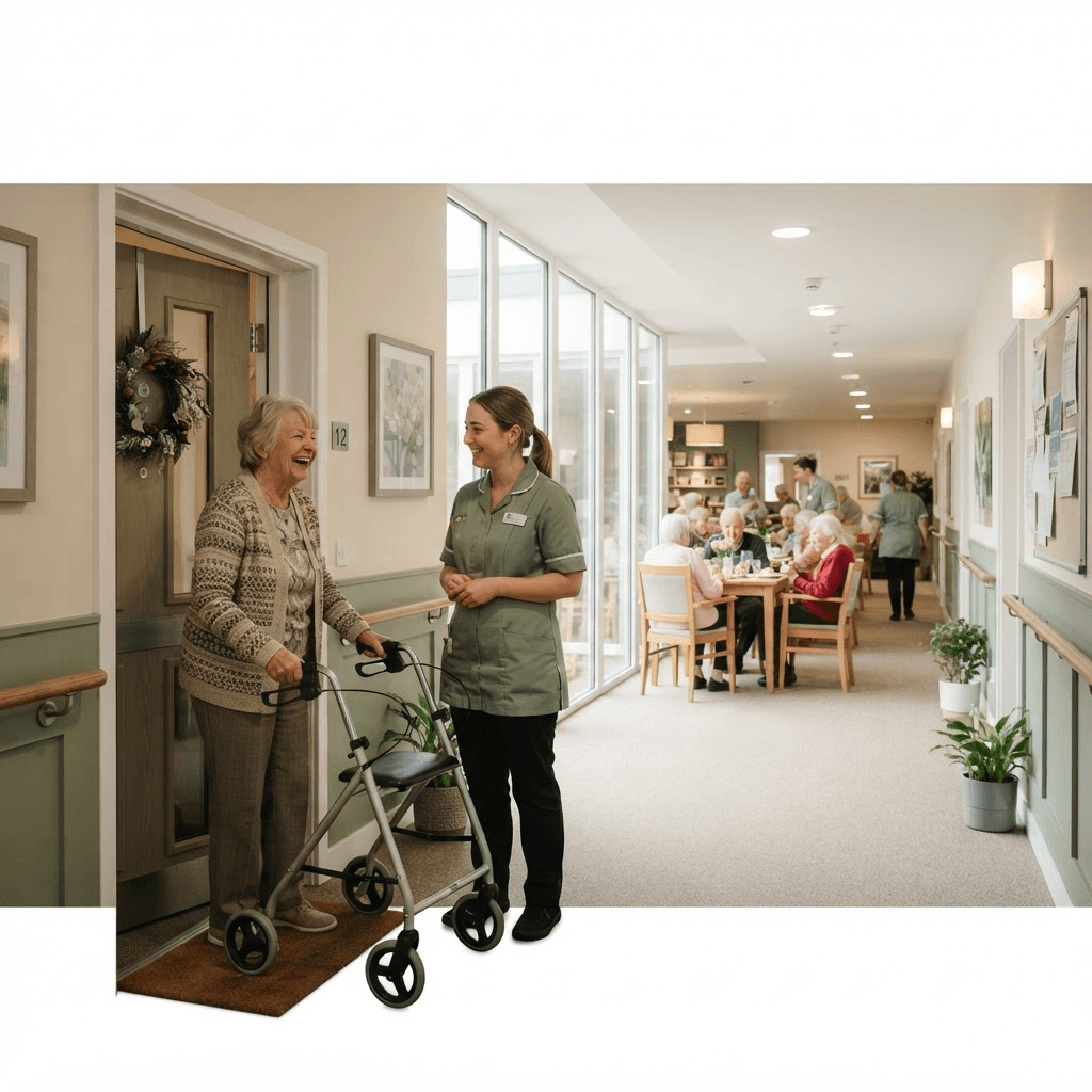 An accessible extra-care apartment building with a shared restaurant area, with a resident chatting to a staff member at the door of her own flat