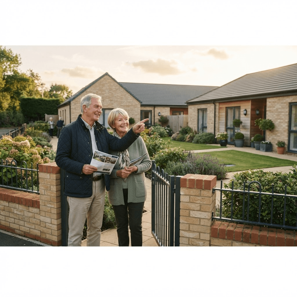 An older couple at the front gate of a bungalow development, holding printed property details and considering the homes