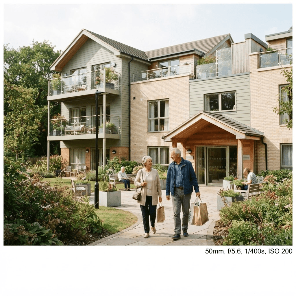 A modern low-rise retirement housing development with balconies and a landscaped entrance, with a couple walking to the front entrance