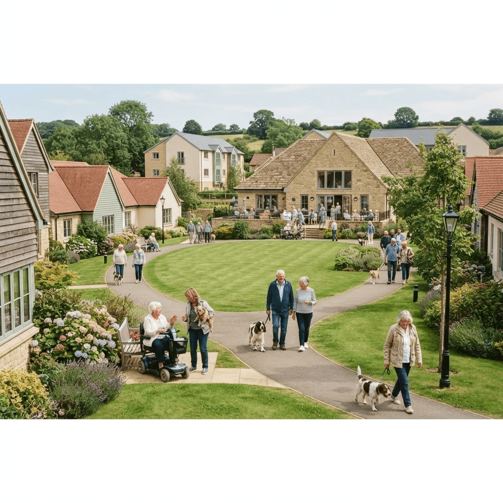 A retirement village with bungalows and low apartment buildings around a central green, with residents walking and a clubhouse in the background