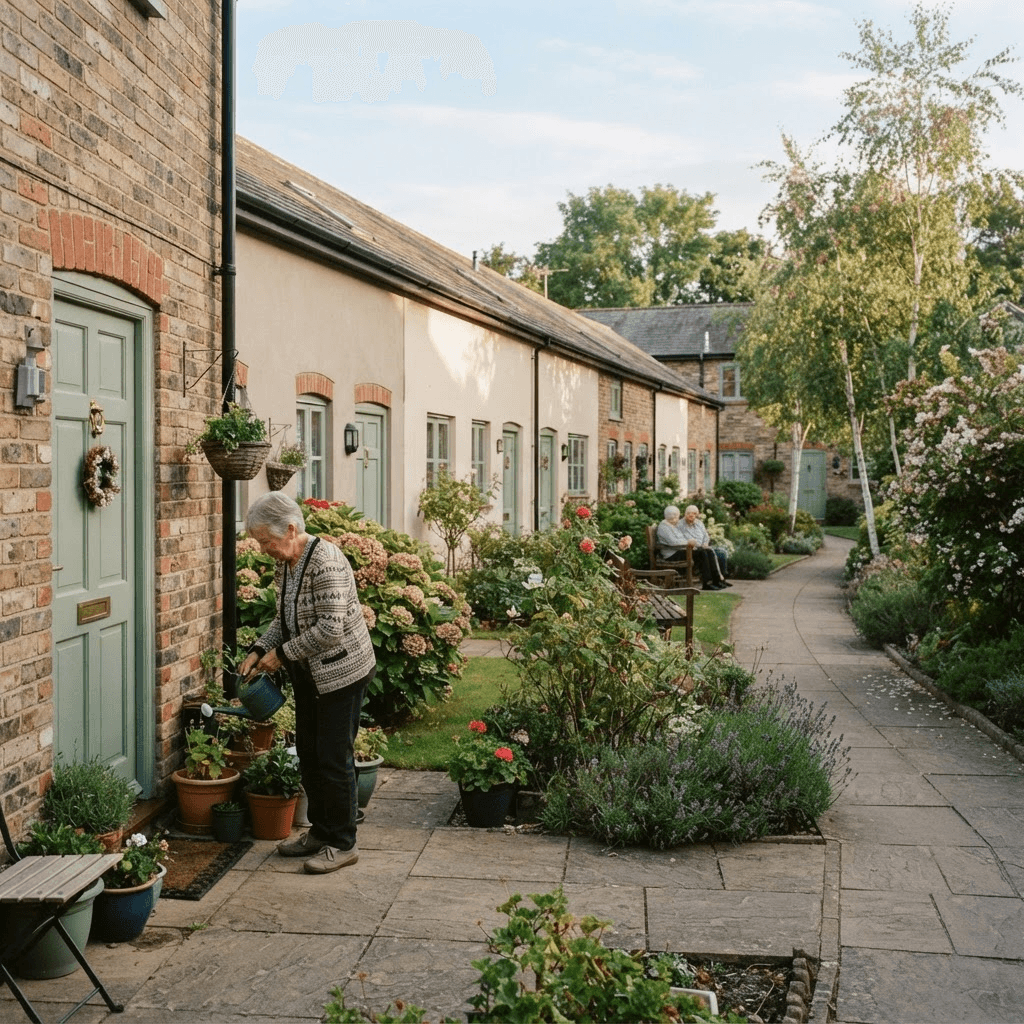Self-contained ground-floor flats around a shared communal garden at a sheltered housing scheme, with a resident watering plants by her own front door