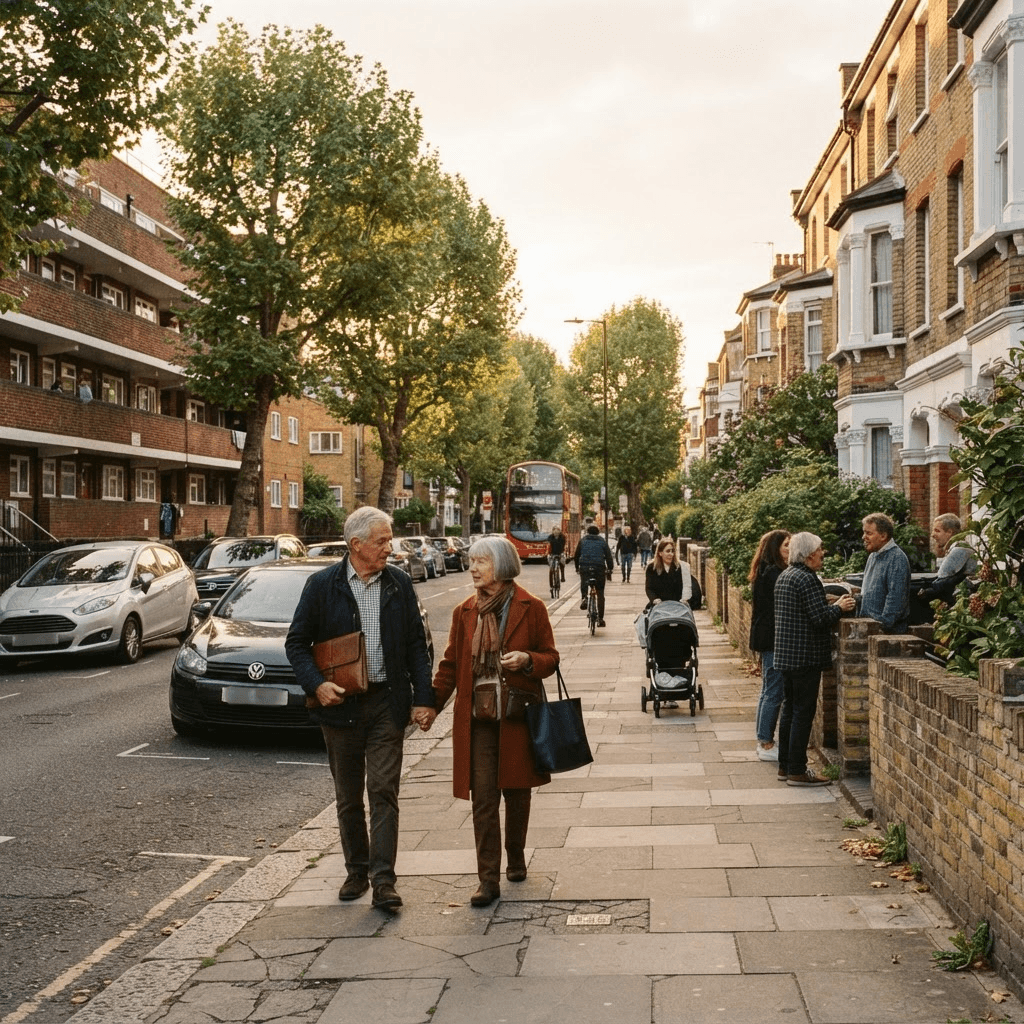 An older couple walking along a leafy London street of brick housing blocks, carrying a folder of documents
