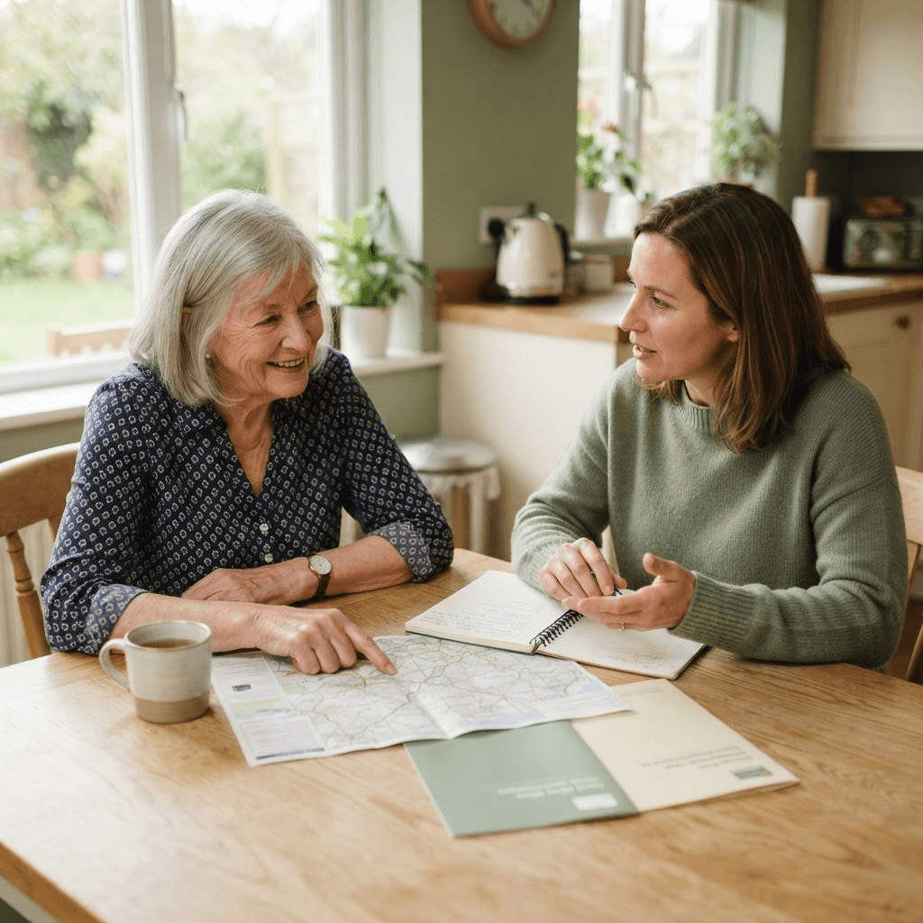 An older adult and a relative discussing housing options together at a kitchen table